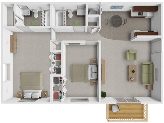 A 3D floor plan of a small apartment with a kitchen, living room, and bedroom.