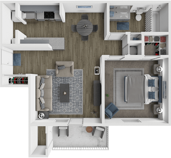 a 3d drawing of a floor plan with a bedroom and a living room