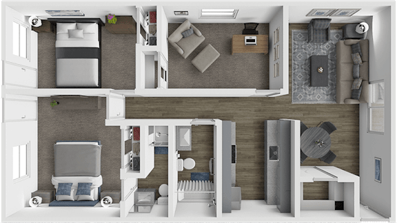 a 3d drawing of a bedroom with a living room and a kitchen