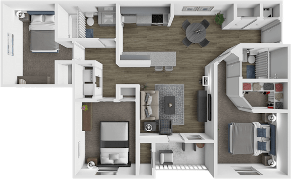 the aerial view of a 1 bedroom floor plan with a kitchen and a living room