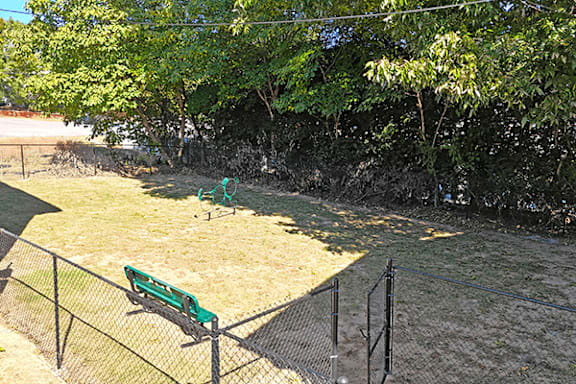 a park with a bench and a chain link fence