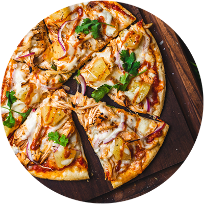 a pizza sitting on top of a wooden cutting board