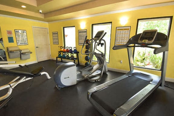 a gym with a treadmill and other exercise equipment