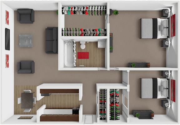 A 3D rendered image of a small apartment layout.