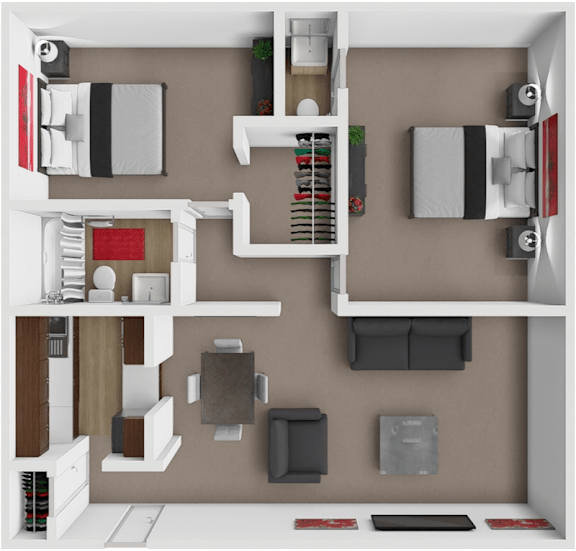 A 3D floor plan of a house showing a kitchen, living room, and two bedrooms.
