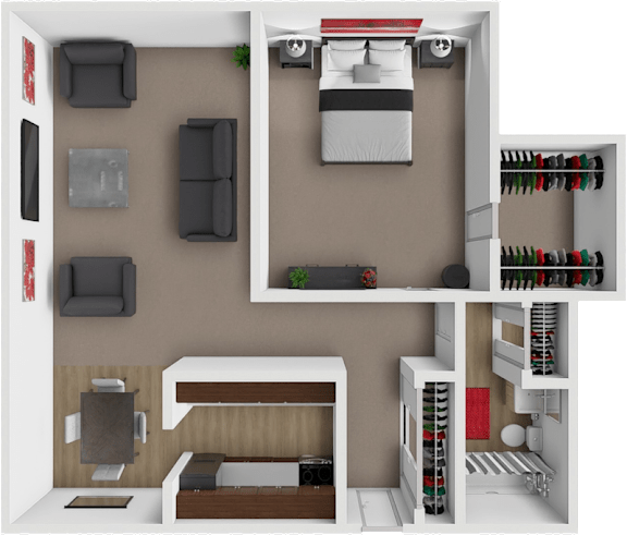 A 3D rendered image of a small apartment layout with a bedroom, living room, and kitchen.