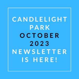 a blue background with a white outline and the text candidate park october 23 newsletter is here