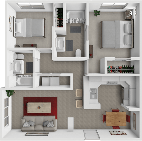 A 3D rendered image of a modern apartment layout.