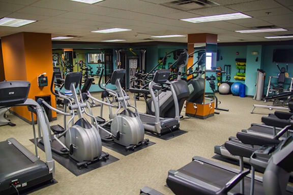 a room filled with cardio equipment and weights