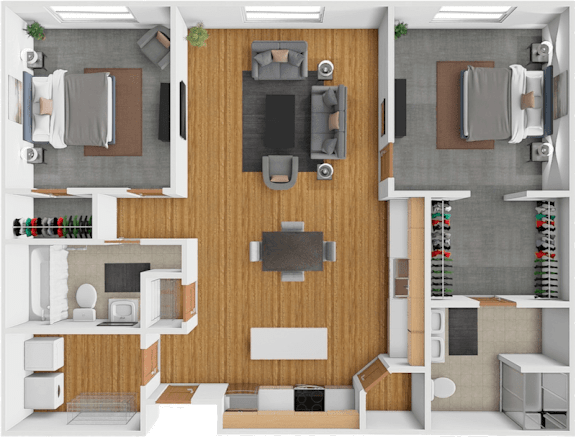 A 3D floor plan of a house showing a living room, kitchen, and two bedrooms.