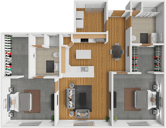 A 3D floor plan of a modern apartment with a living room, kitchen, and two bedrooms.