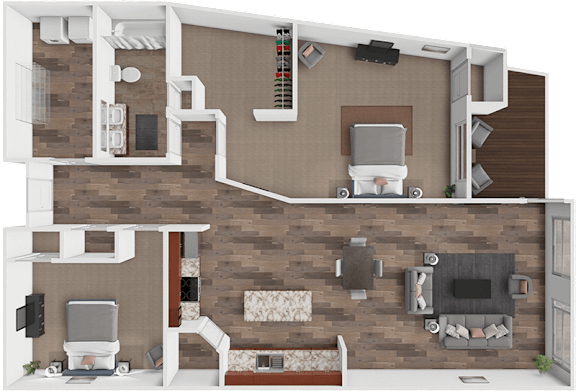 A 3D rendered image of a house layout.