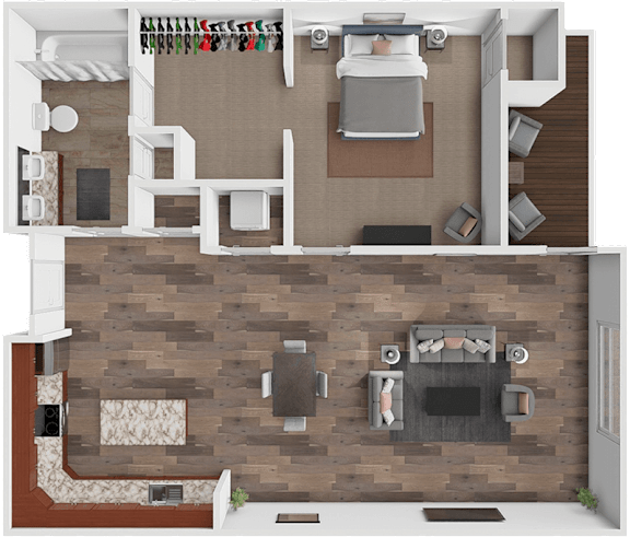 A top-down view of a living room with a fireplace and a couch.