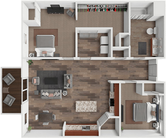 A top-down view of a living room with a fireplace and a couch.