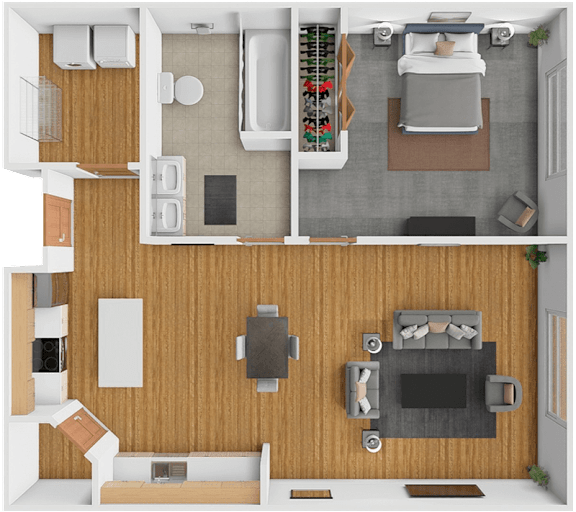 A top-down view of a modern apartment with a living room, kitchen, and bathroom.