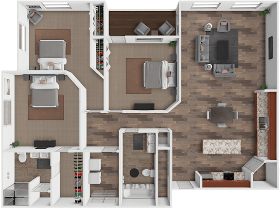 A 3D rendered image of a house layout.