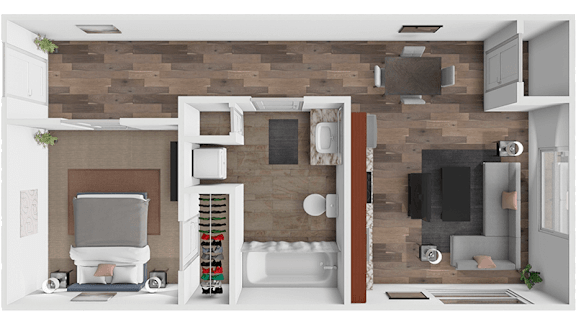 A modern bathroom with a wooden wall and a walk-in shower.