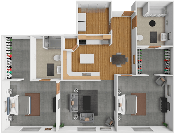 A 3D rendered image of a house layout.