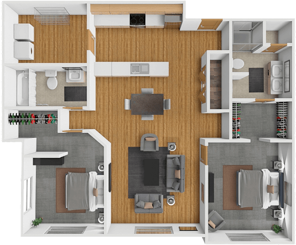 A top-down view of a house layout with a central living area, two bedrooms, a kitchen, and a bathroom.