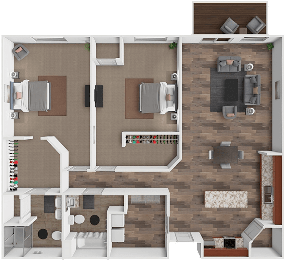 A top-down view of a room with a couch, chairs, a table, and a TV.