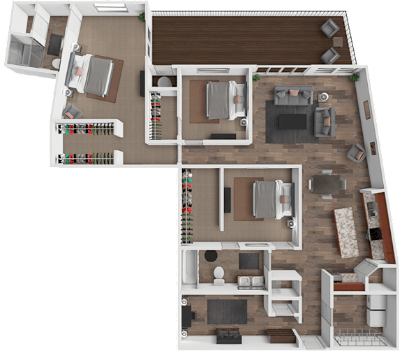 A detailed 3D floor plan of a two-story residential house.