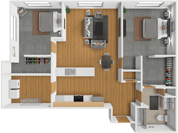 A top-down view of a two-bedroom apartment with a living room, kitchen, and bathroom.