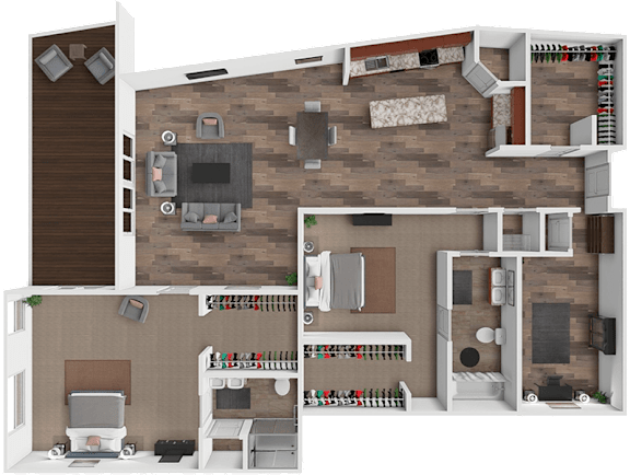 A 3D rendered image of a house layout with a living room, kitchen, and bedrooms.