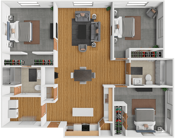 A 3D floor plan of a house with a living room, kitchen, and two bedrooms.