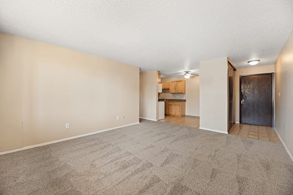 A room with a carpeted floor and a door on the right side.