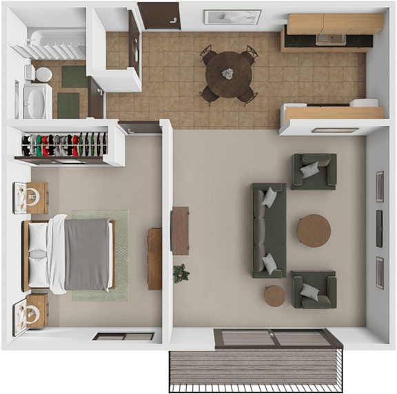 A top-down view of a small apartment with a kitchen, living room, and bathroom.