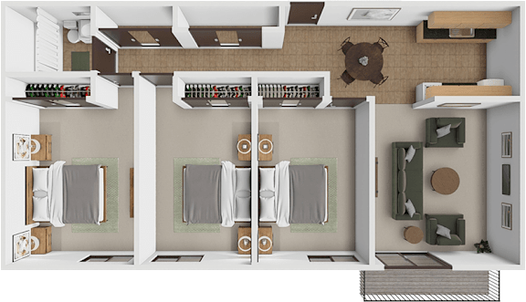 A 3D rendered image of a modern kitchen interior.