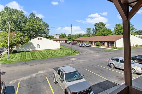 a view of a parking lot with a car parked in a parking