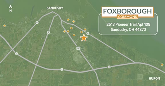 A map showing the location of Foxborough Commons at 2613 Pioneer Trail Apt 108, Sandusky, OH 44870.