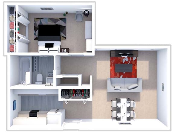 Floor Plan  a bedroom with a bed a desk and a television
