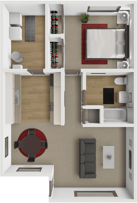 A 3D floor plan of a1 bedroom apartment with a kitchen, living room, and bedroom.