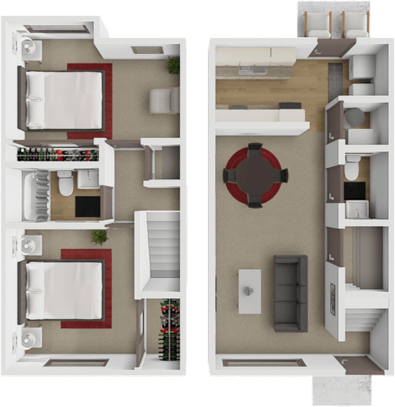 A floor plan of a two-story apartment with a living room, kitchen, and 2 bedrooms and 1.5 bathrooms.