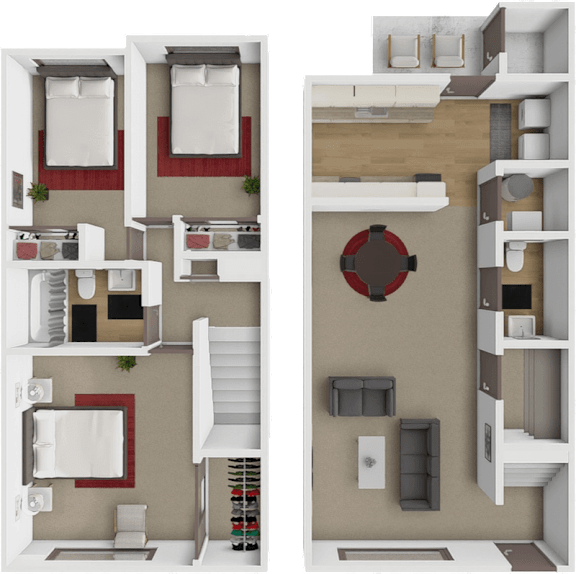 A 3D floor 3 bedrooms and a living area.