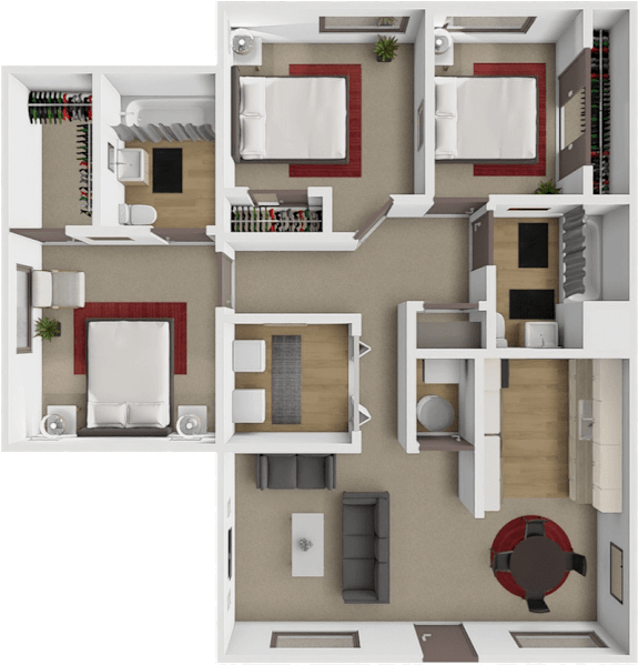 a 3D floor plan of a 3 bedroom 2 bathroom apartments at cross creek in Wichita