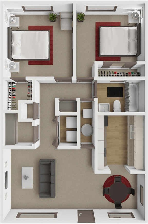 A 3D floor plan of a 2 bedroom apartment with a with a kitchen, living room, and bathroom.