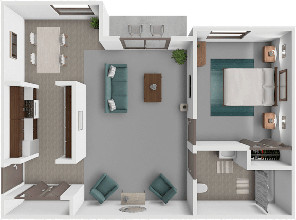 A 3D rendered image of a small apartment layout.