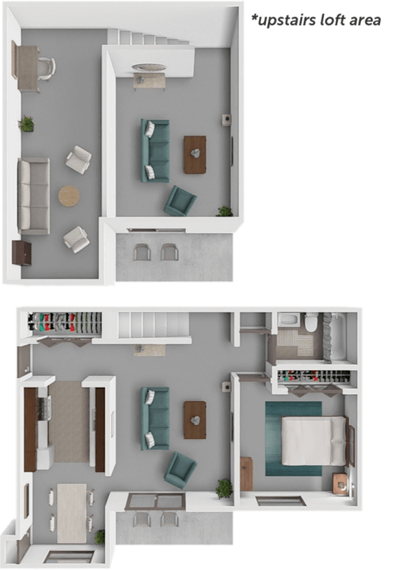 A diagram shows the layout of a loft apartment with two bedrooms, a living area, and a bathroom.