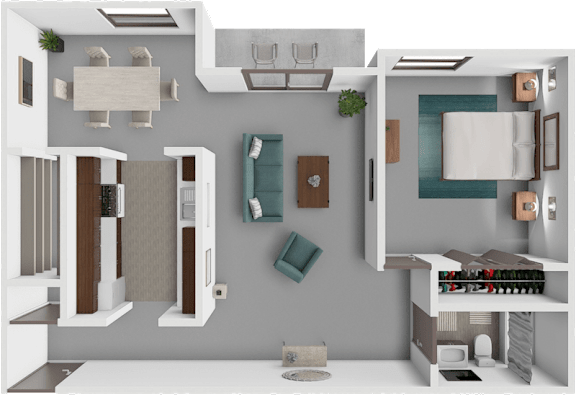 A 3D rendered image of a modern kitchen and living room.