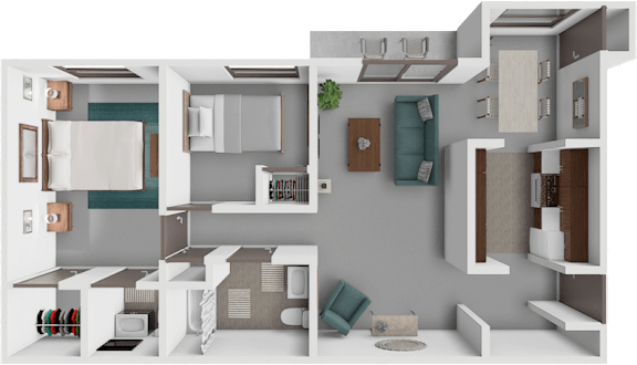A 3D rendered image of a modern kitchen and living room.