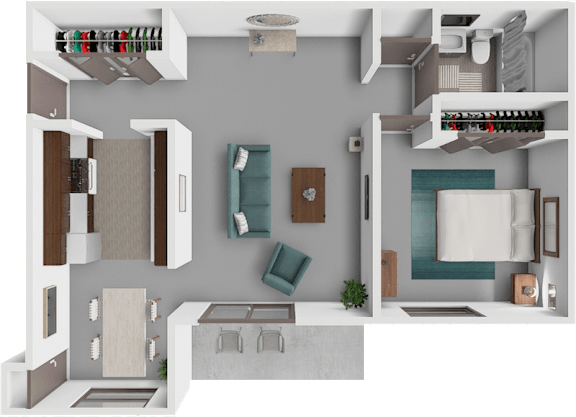 A 3D rendered image of a modern apartment layout.