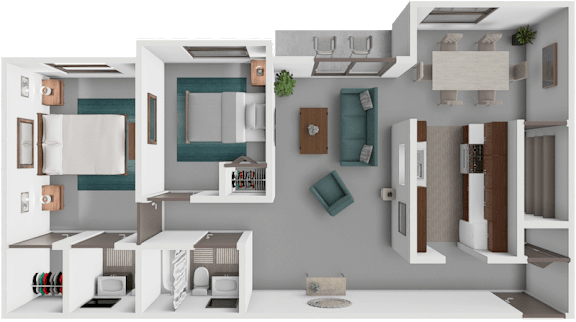 A 3D rendered image of a modern apartment layout.