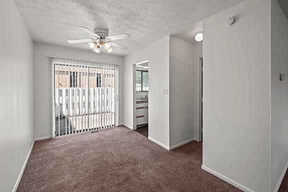 A room with a ceiling fan and carpeted floor.