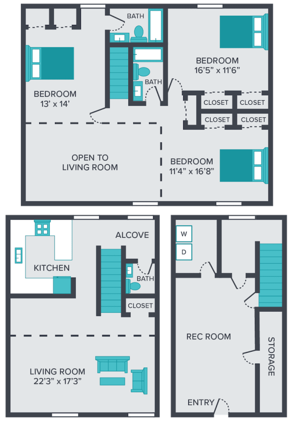 Floor Plan  three bedroom townhome floor plan at central square apartments