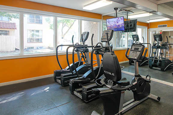 A gym with exercise bikes and a TV screen.