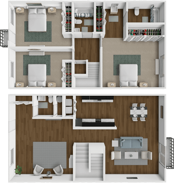 A detailed 3D floor plan of a two-story residential apartment.