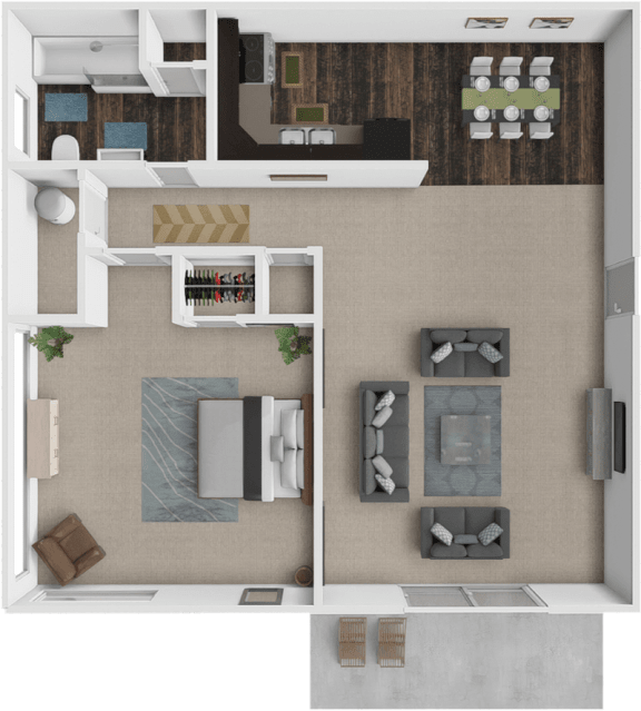 a 3d rendering of a 1 bedroom apartment floor plan at colony village